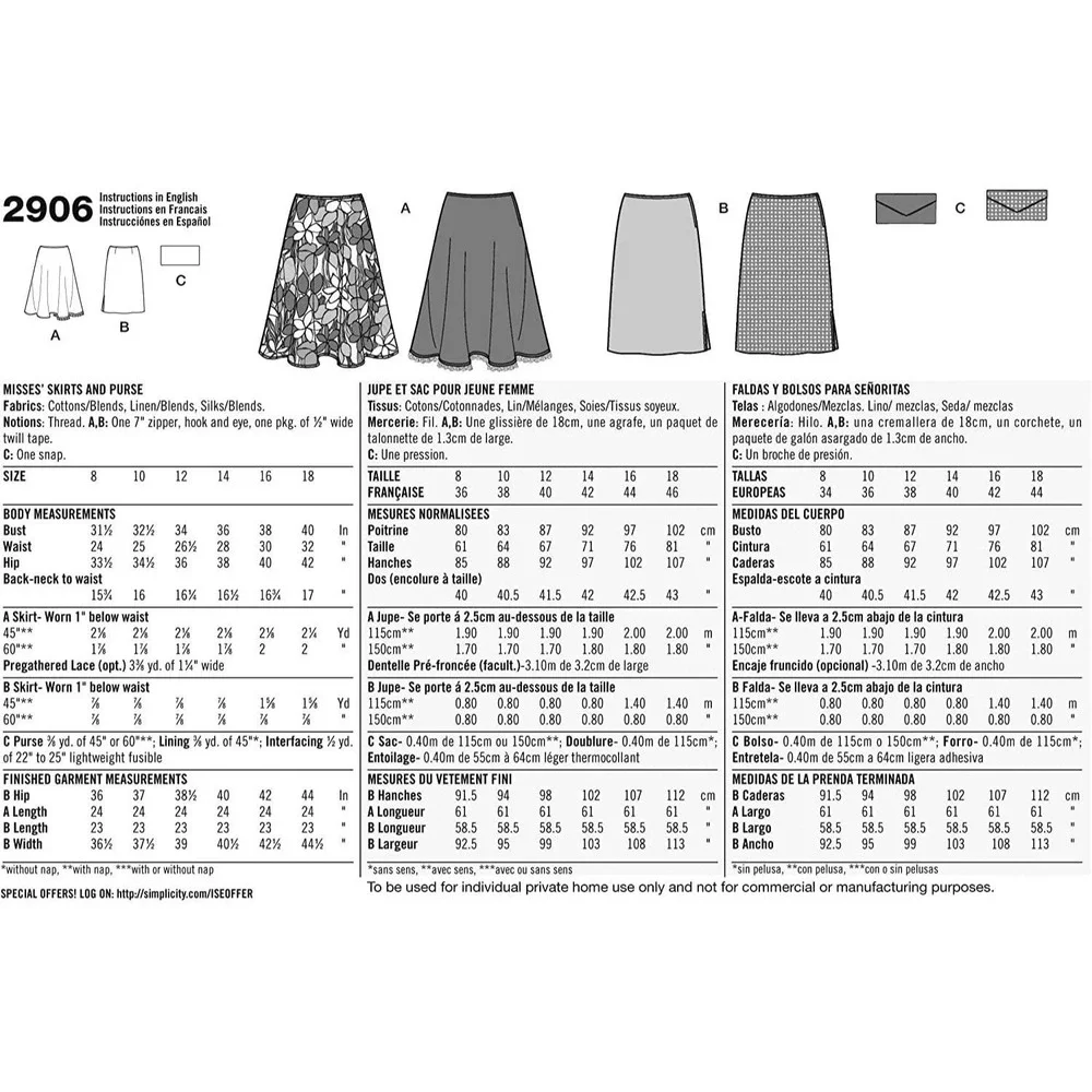 Simplicity Sewing Pattern 2906 Skirt Purse Misses Size 8-18 UNCUT
